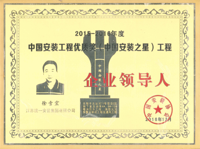 2015-2016年度中国安装工程优质奖（中国安装之星）工程企业领导人（古运河项目2016.12）