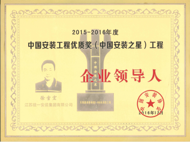 2015-2016年度中国安装工程优质奖（中国安装之星）工程企业领导人（2016.12）
